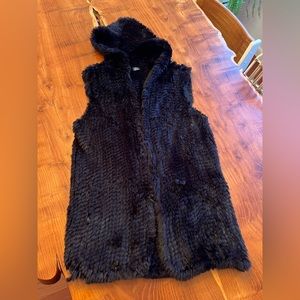 Saks Fifth Ave Rabbit Fur Hooded Vest Black S/M